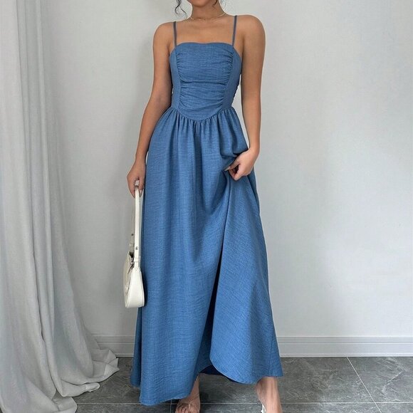 Dusty Blue Elegant Women's Solid Color Ruffle Hem Dress - Picture 5 of 6